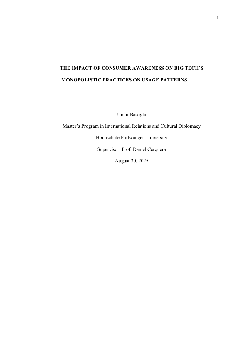 Title page of the Master's thesis — The Impact of Consumer Awareness on Big Tech's Monopolistic Practices on Usage Patterns